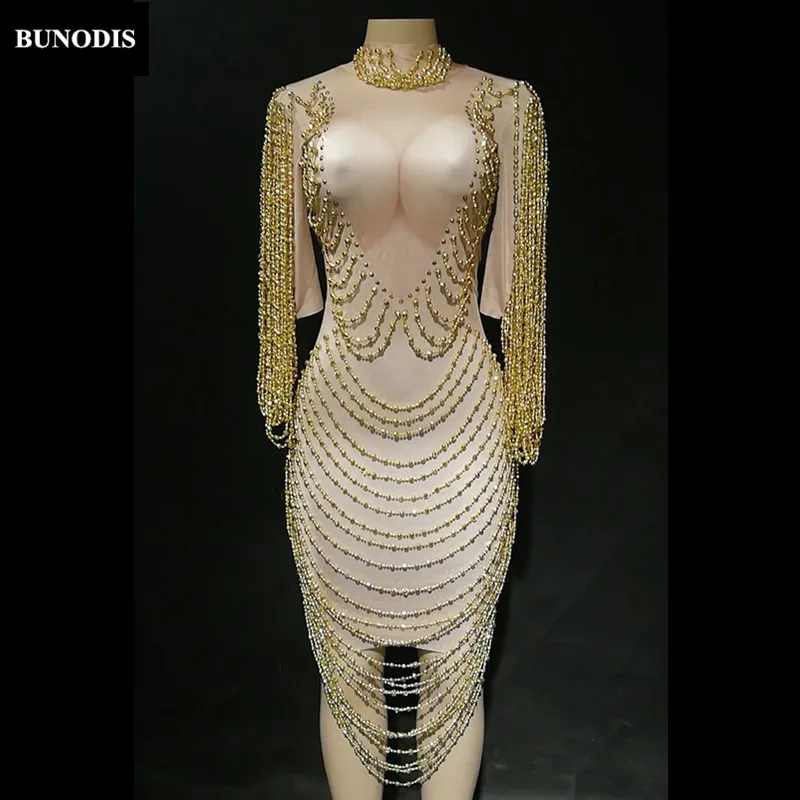 ZD448 Women Sexy Skirt Gold Pearls Sparkle Crystals Nightclub Birthday Party Stage Wear Dancer Singer Bling Costumes