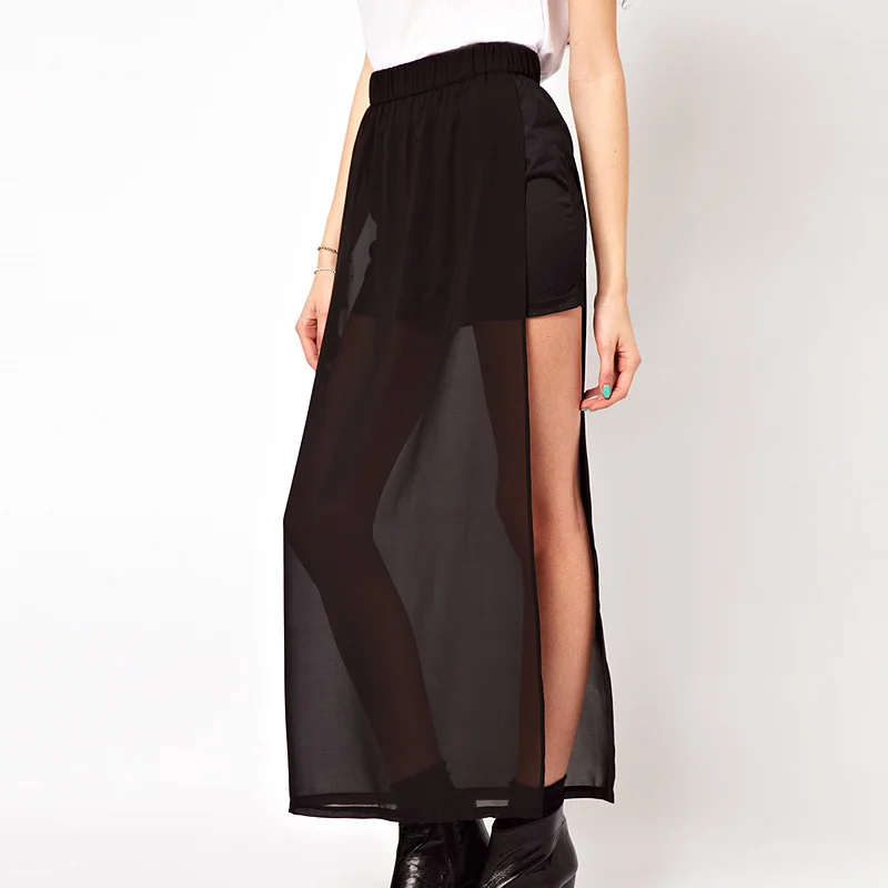 New Fashion Skirt Women 2018 Summer Style Solid Color Black Chiffon Long Side Split Casual Vintage Maxi Plus Size | Женская одежда