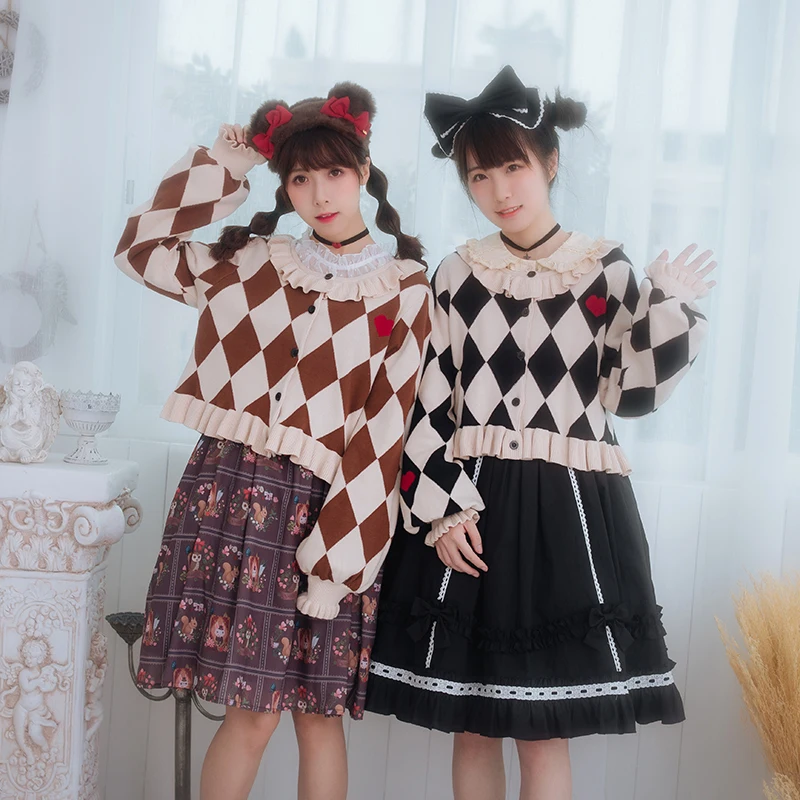 

Princess sweet lolita sweater Autumn and winter retro loving rhombus pure cotton thick sweater with muffled ear cardigan LG033