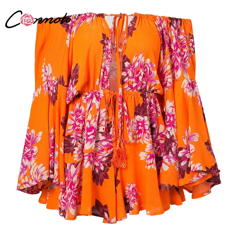 Orange Conmoto Сексуальные короткие комбинезоны с открытыми плечами, красный пляжный ромпер со шнуровкой, жёлтый ромпер с широкими расклешёнными рукавами - Цвет: Orange