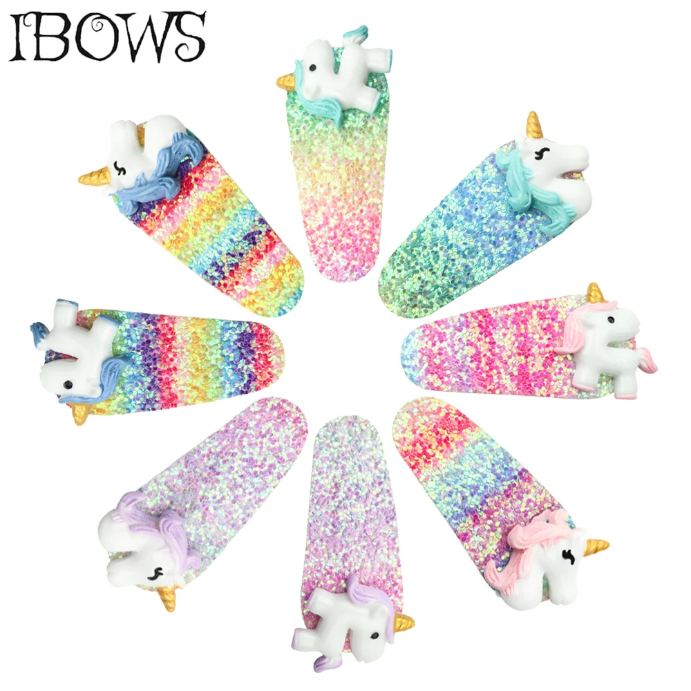 

IBOWS Hair Accessories 2'' Rainbow Glitter Kids Hair Clip Handmade BB Hair Clips For Girls Sweet Barrette Hair Pins Headwear