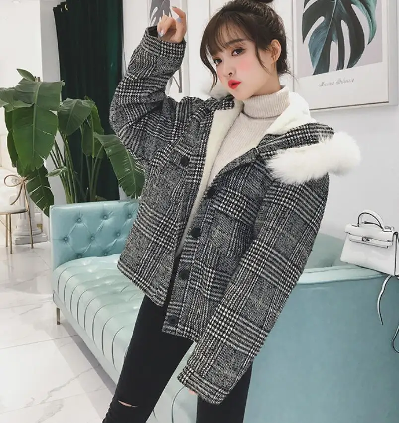 

Lamb cashmere coat female fashion small man wild big fur collar plaid warm winter thick cotton coat jacket