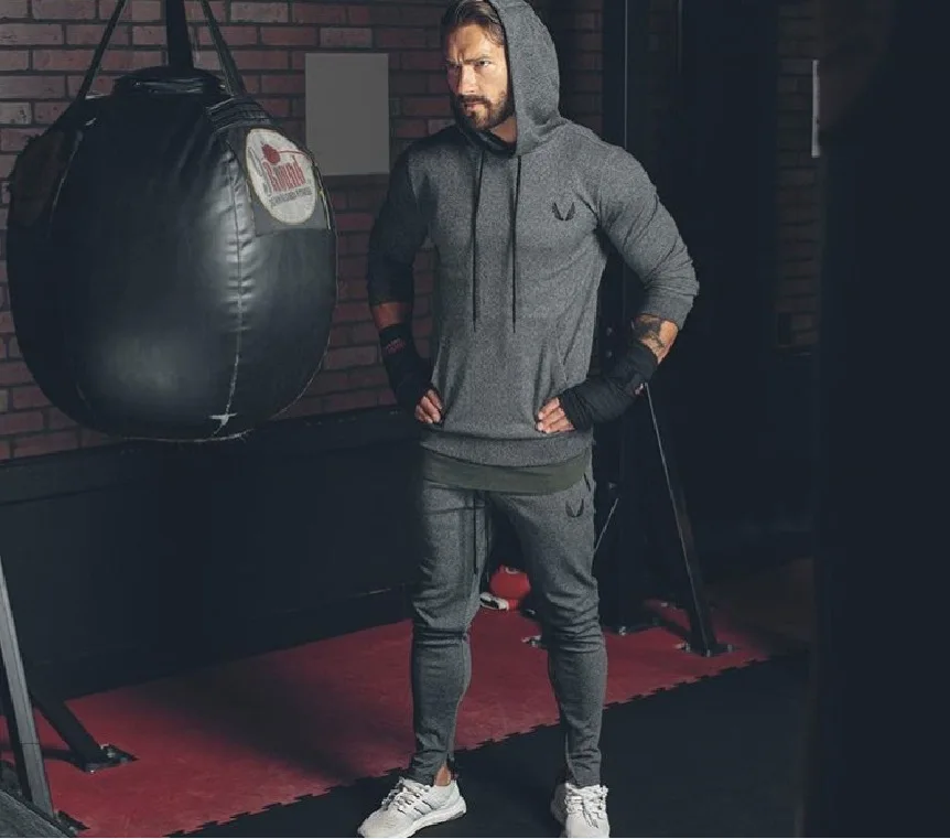 Для мужчин занятия фитнесом тренировки Slim Fit с капюшоном толстовка карманом