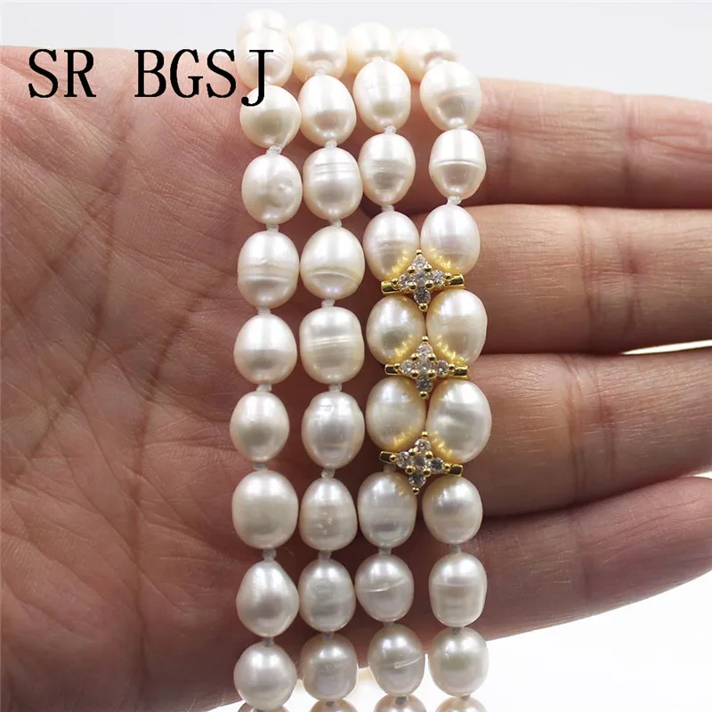 

Free Shipping7-8mm Women Necklace Olivary Rice White Freshwater Pearl Knot Rhinestone Sweater Long Pearl Necklace 48