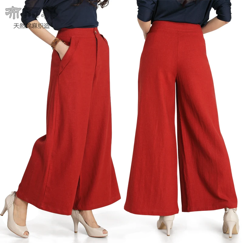 Брюки женские с завышенной талией повседневные хлопково-льняные штаны принтом