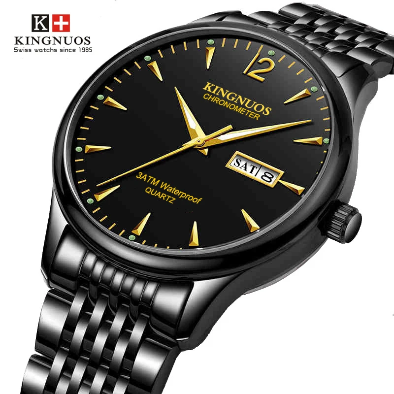 

Kingnuos Wrist Watch Top Quality Stainless Steel 3ATM Waterproof Men's Watches Dual Calendar Analog Display Clock Male Watch Men