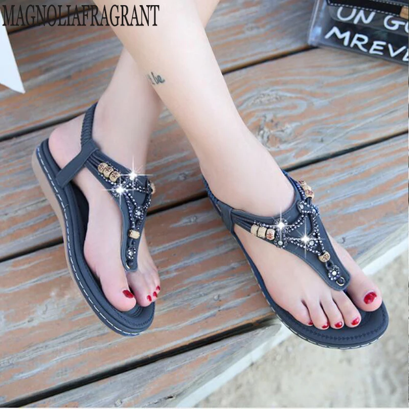 2019 Retro women's shoes round head Solid color sandals summer Leisure Comfort beach beaded rhinestone flat mm313 | Обувь