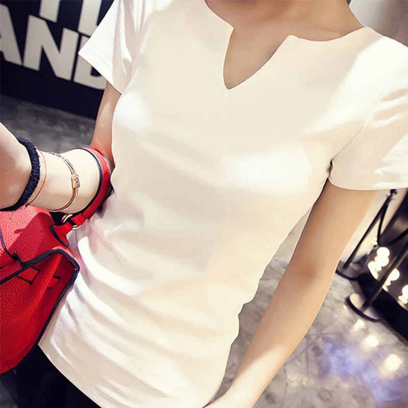 T-shirt Women 2018 Autumn Cotton Female T Shirts V-Neck Solid Tops Casual Basic Lady Tees Plus Size 2XL | Женская одежда