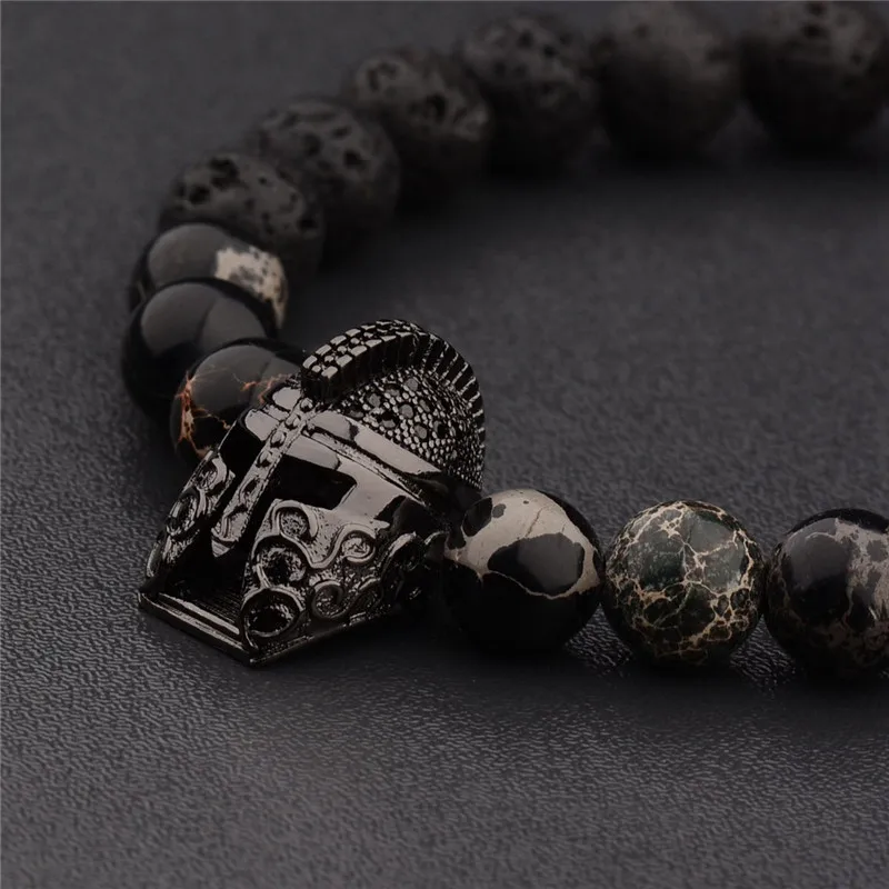 Micro Pave CZ посеребренный Римский Спартанский воин Гладиатор браслет со шлемом мужские черные лавовые Рок Браслеты с бусинами из камня AB580