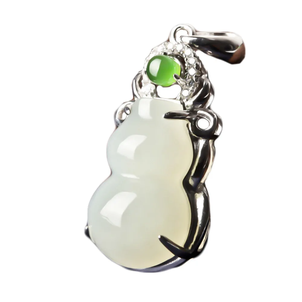 

S925 Silver Jade Necklace Chinese Style Hand-carved Lucky Amulet Fine Jewelry Natural Hetian Jade Gourd Pendant Gift