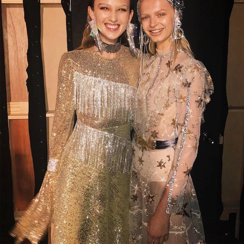 Женское платье с блестками длинная юбка золотыми звездами и жемчужинами в стиле