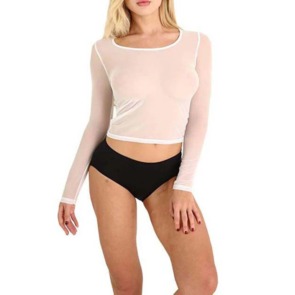 Женская летняя Сетчатая футболка с длинным рукавом черные футболки укороченный