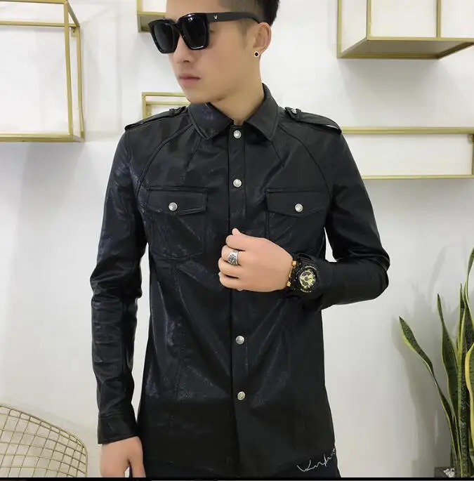Оригинальная Мужская одежда кожаная рубашка с длинным рукавом и карманом модная