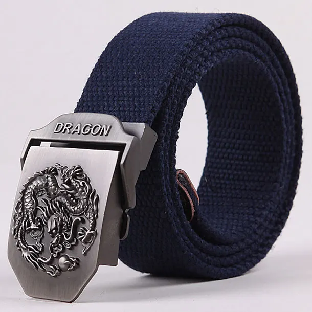 Style1 Blue Модные брезентовые ремни премиум класса с металлическим драконом, мужской ремень с пряжкой, мужской ремень 110-140 см, MB009 - Цвет: Style1 Blue