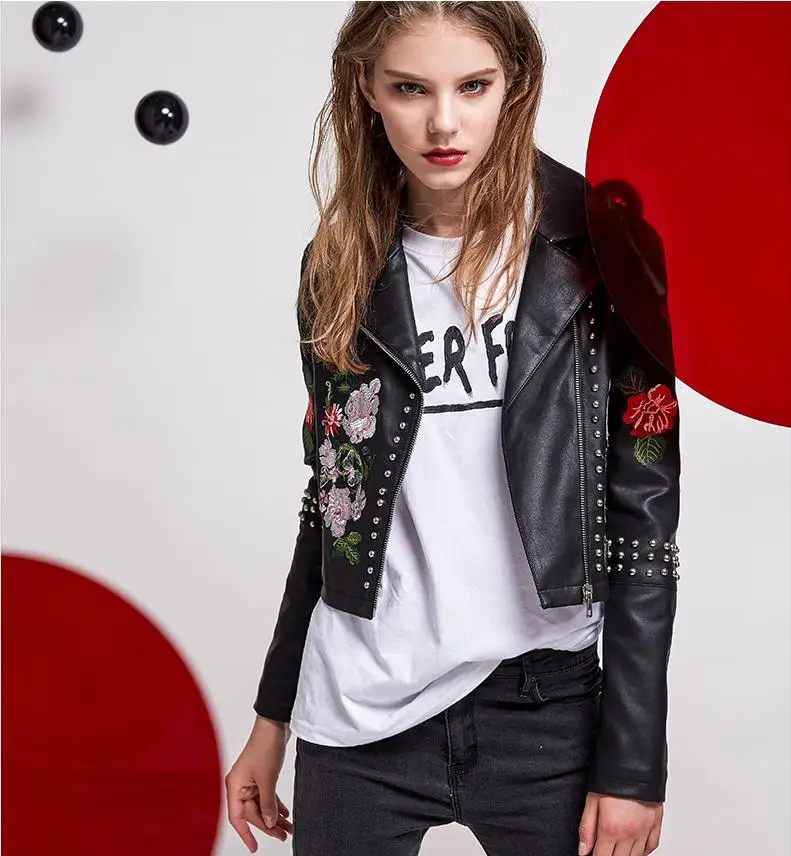 Женская кожаная куртка с бисером и вышивкой модель wj1021 на весну осень 2019|jackets