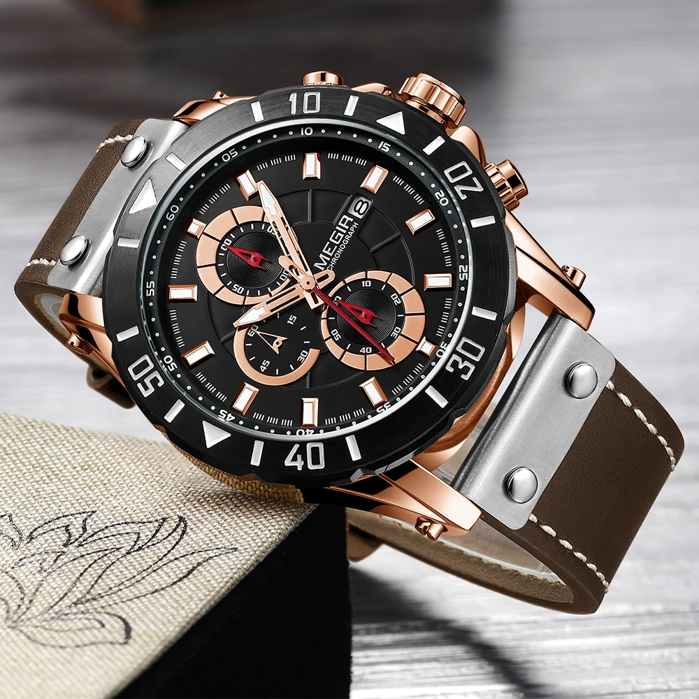 MEGIR бренд 2018 новый золотой Для мужчин часы Кварцевые коричневый кожаный ремешок