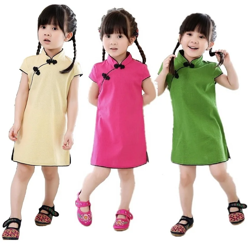 Chinese New Year Baby Girls Chi-Pao Dress Kids Traditional Qipao Candy Solid Children Cheongsam Linen Girl Clothes Jumper Blouse | Детская