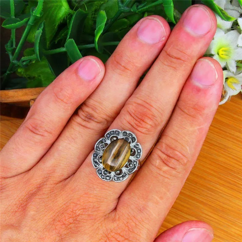Oval Natural Tiger Eye Rings For Women Vintage Look Antique Silver Plated Rhinestone Plum Flower Fashion Jewelry TR692 | Украшения и