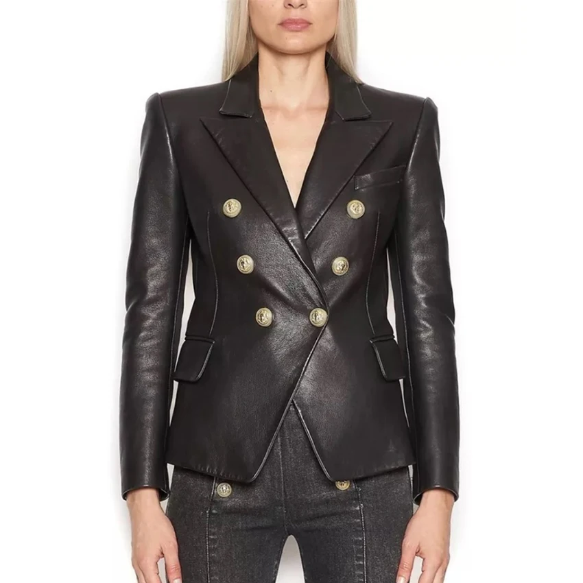HIGH STREET Newest Baroque Fashion 2021 Designer Blazer Jacket Women's Lion Metal Buttons Faux Leather Blazer Outer Coat