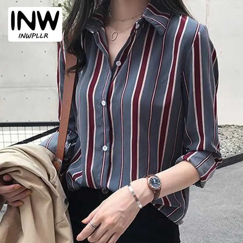 2019 Осенние блузки для женщин полосатая футболка из шифона Blusa Mujer Moda топы с