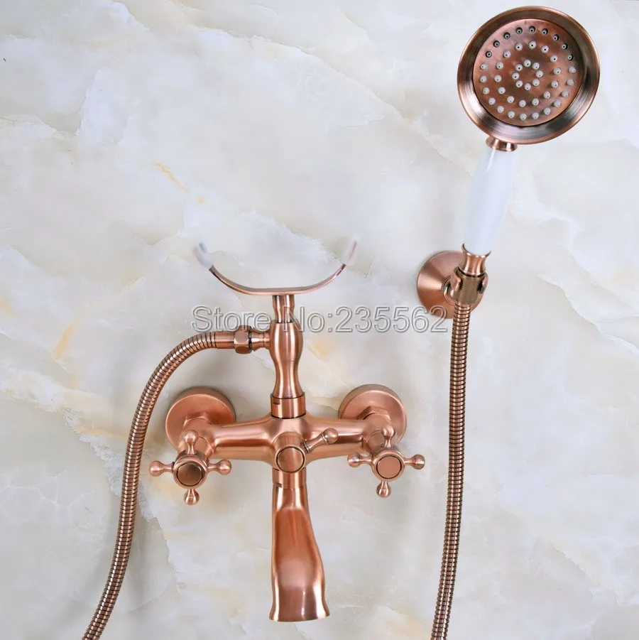 

Antique Red Coppe Wall Mount Bathroom Clawfoot Bathtub Faucet Handheld Shower Mixer Tap lna358