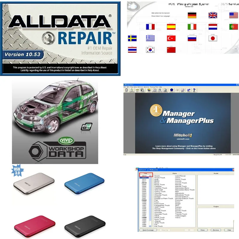 2016 Auto Repair Software Alldata 10.53+Mitchell software 201512 in1 with 1000GB usb hard disk fit all windows system 32&amp64bit |