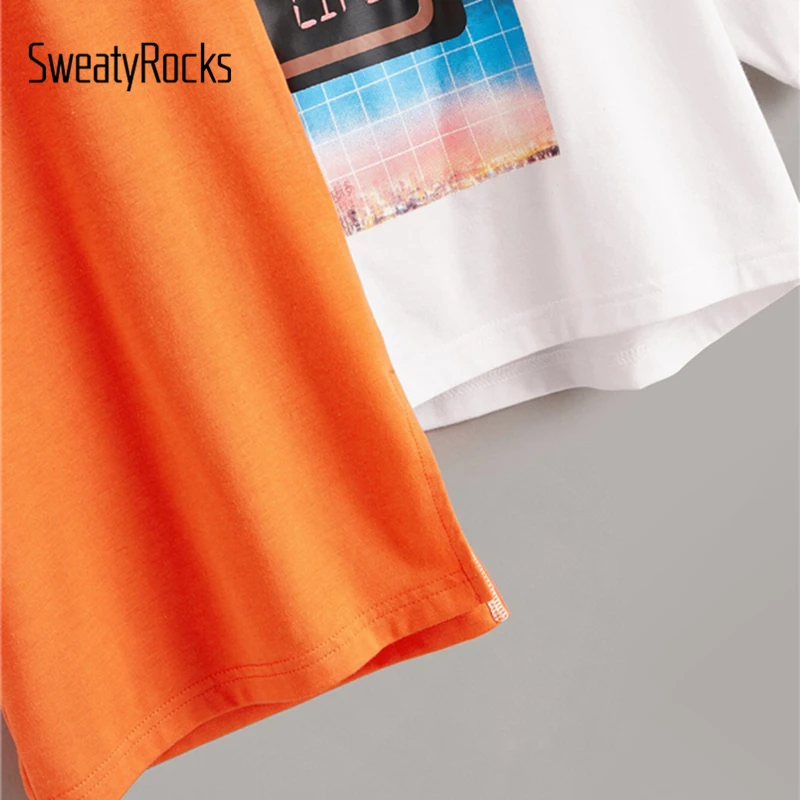 SweatyRocks, смешанный принт, два тона, асимметричная неоновая футболка, уличная одежда, короткий рукав, тройники,, летняя повседневная женская цветная футболка