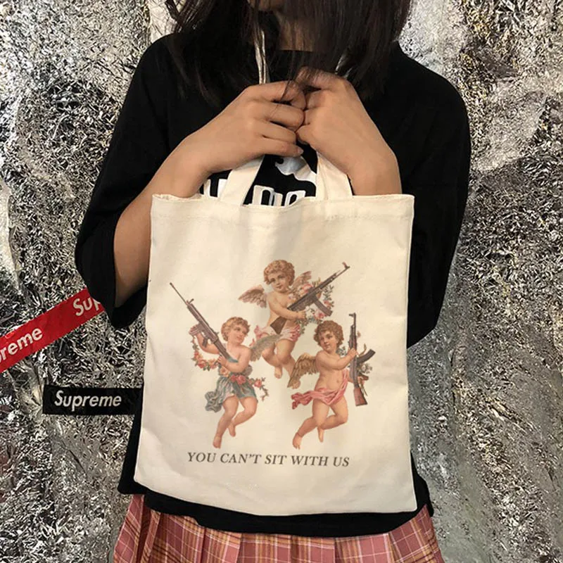 Вы не можете сидеть с нами в винтажном стиле Harajuku Angel Забавные милые женские новые летние парусиновые повседневные модные сумки на плечо с мультяшным принтом
