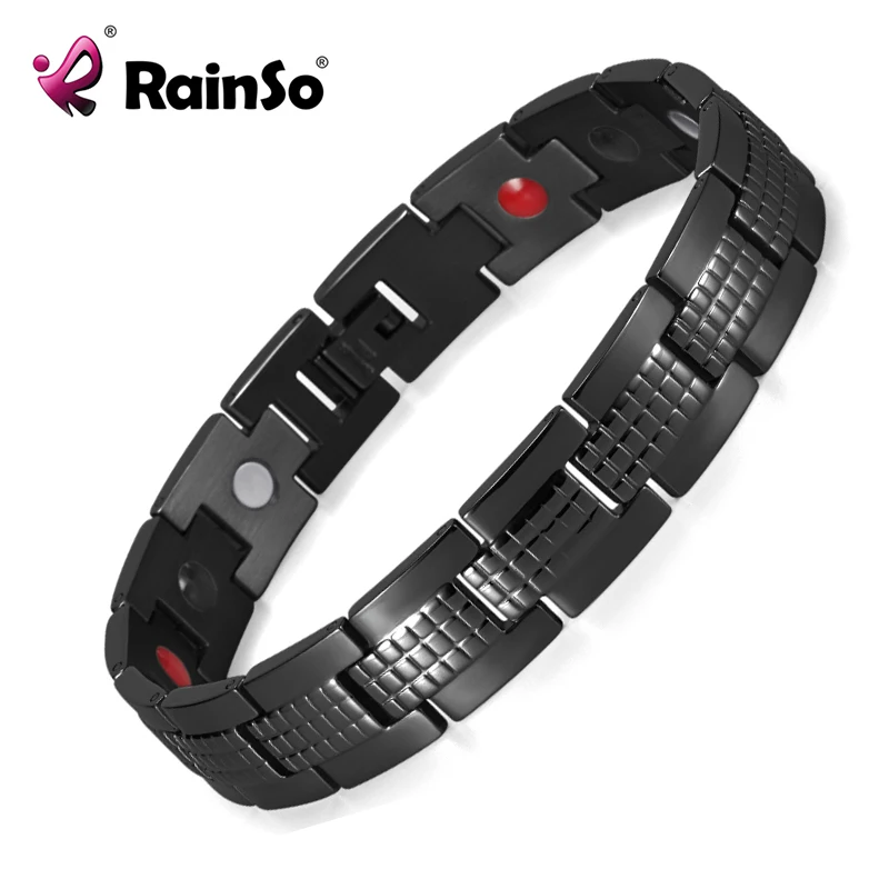 

RainSo Luxury Men's Bracelets With Magnet Black Grid Texture Classic Style FIR Germanium Health Care Stainless Steel Bracelet