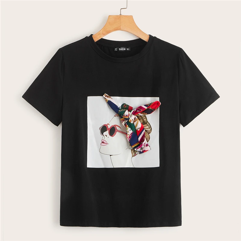 Dotfashion, черный бант, рисунок, летний топ для женщин,, Повседневная футболка, короткий рукав, одежда для девушек, корейская мода, футболка