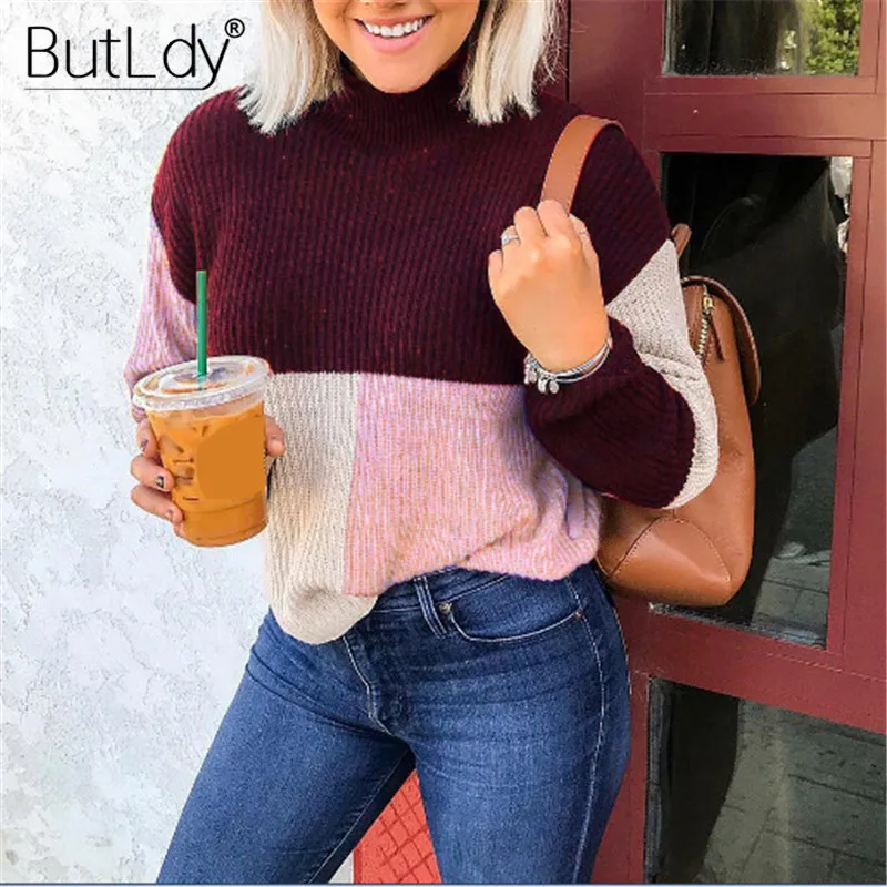 Color Block Patchwork Casual Sweater Women Knitting Pullover Long Sleeve Chic Knitwear Tops Winter Fashion 2018 Jumpers Ladies | Женская