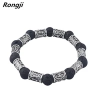 rongji jewely retro lava stone beads viking rune bangles bracelets amulet thor cosplay jewelry
