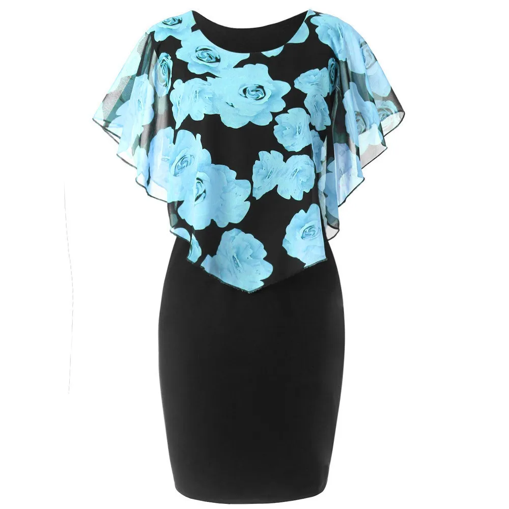 Женское платье модное повседневное шифоновое мини-платье с принтом роз круглым