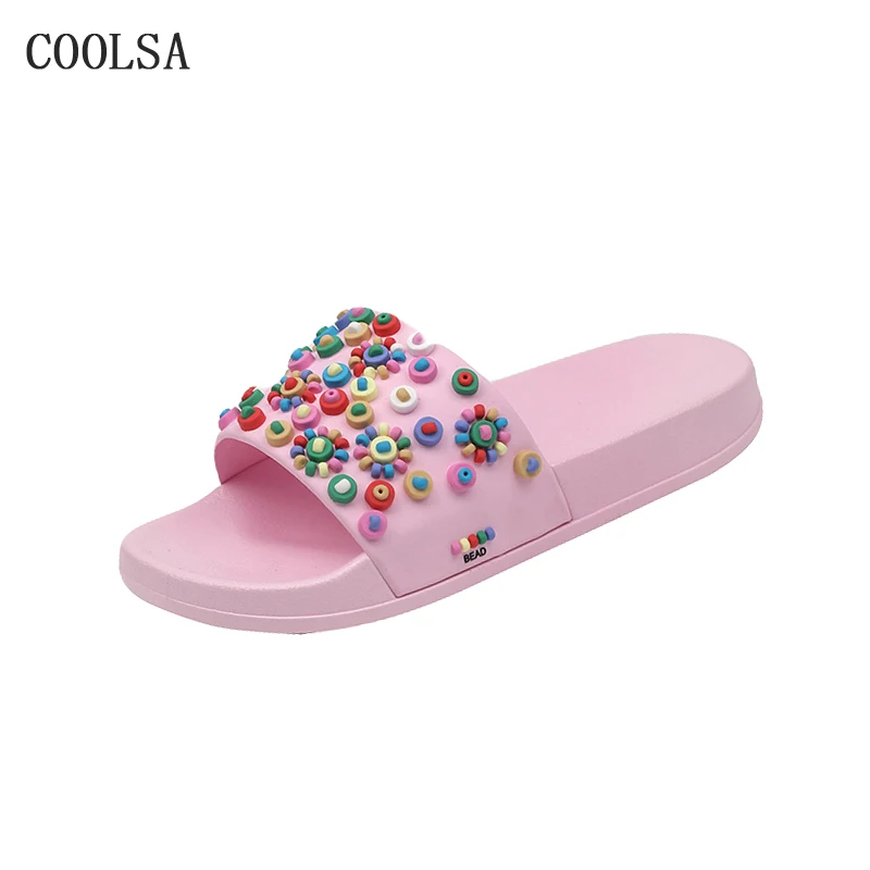 Pink Летние новые женские конфеты обувь Модные Цветные жемчужные шлепанцы милые домашние тапочки повседневные пляжные тапочки женская обувь на плоской подошве - Цвет: Pink