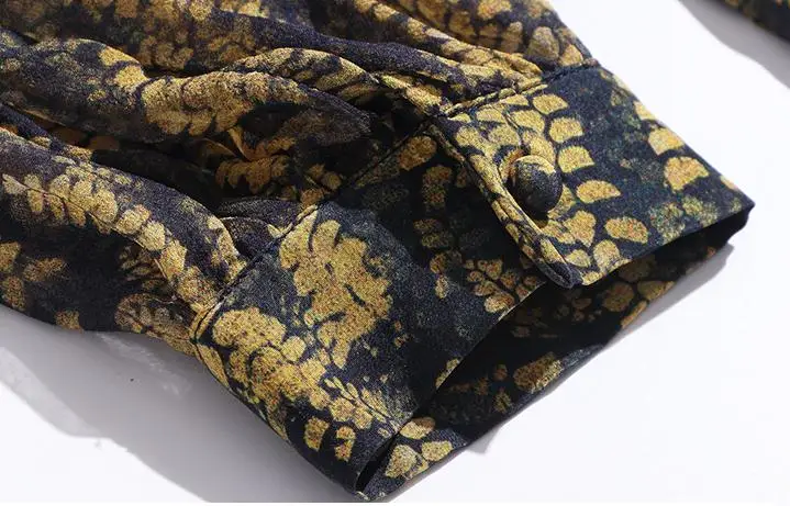 

Spring Fashion Women Stand Collar Lantern Long Sleeve Yellow Print Flower Imitation Silk Blouse Top , Woman 3xl Tops And Blouses