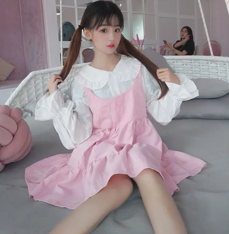 Lolita Dress Sweet Cute Kawaii Girls OP Princess Maid Vintage Ruffles Skirt Puff Sleeve Top and Pink Women Round Collar | Тематическая