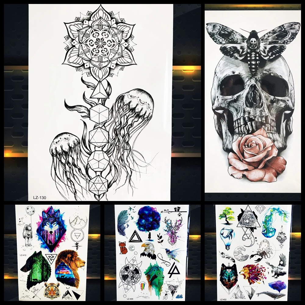

Black Jellyfish Mandala Flower Skull Temporary Tattoo Stickers Body Art Waterproof Women Tattoo Tatto Men Sexy Arm Wolf Planet