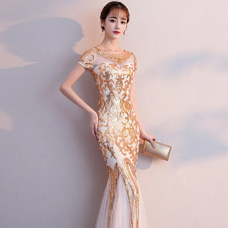 Женское вечернее платье Ципао элегантное китайское банкетное с золотой вышивкой