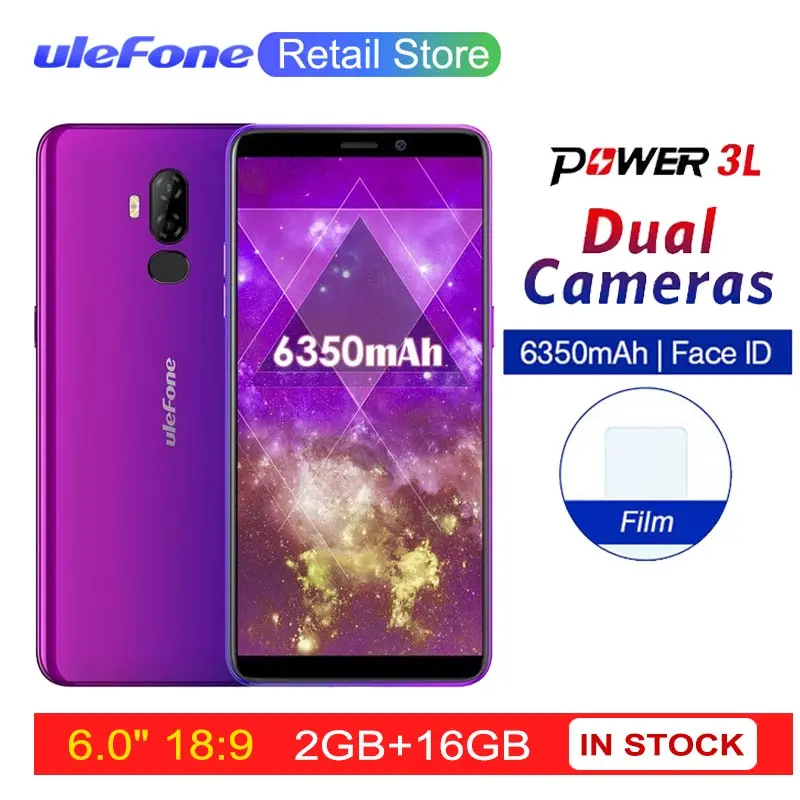 Мобильный телефон Ulefone power 3L 6," HD+ Android 8,1, четырехъядерный процессор MTK6739, 2 ГБ+ 16 ГБ, 13 МП+ 5 Мп камера, 6350 мАч, смартфон с функцией распознавания лица, 4G