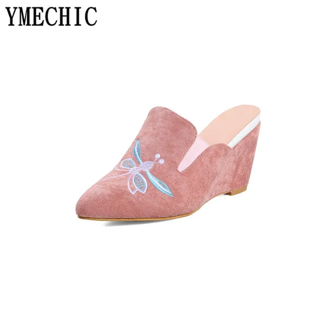 Женские туфли на танкетке YMECHIC летние туфли-лодочки черного розового цветов с