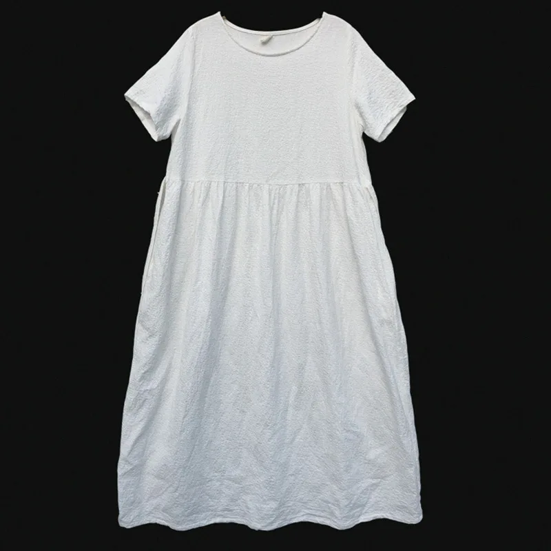 Johnature Cotton Linen Jacquard Women Long Dresses Vintage 2021 Summer Loose Sashes Lace Up Solid Color Short Sleeve | Женская одежда