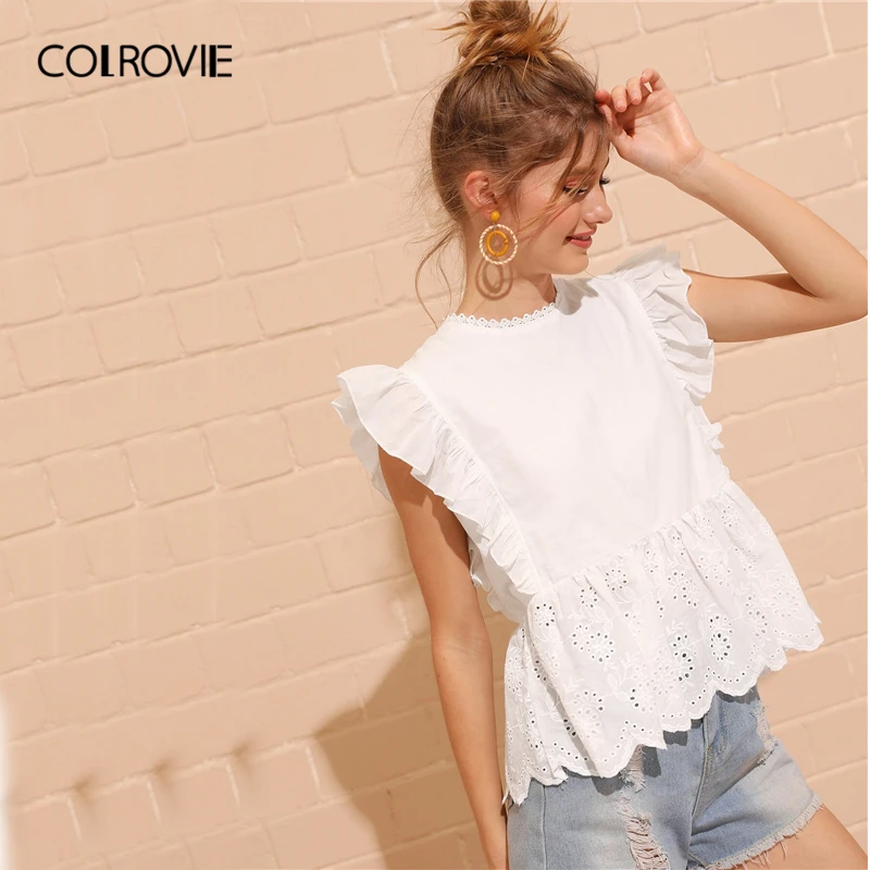 COLROVIE/элегантный женский топ COLROVIE с белыми ушками, вышитыми манжетами и баской, женская блузка в стиле бохо, рубашка, лето, корейские милые женские блузки