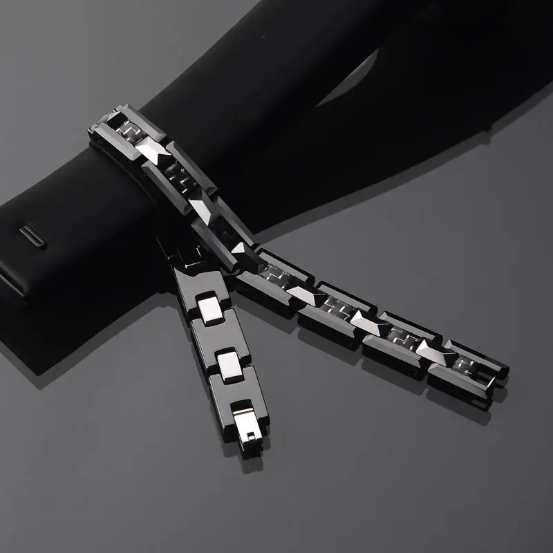 Мужской черный браслет из керамики и вольфрама H Style инкрустация углеродного