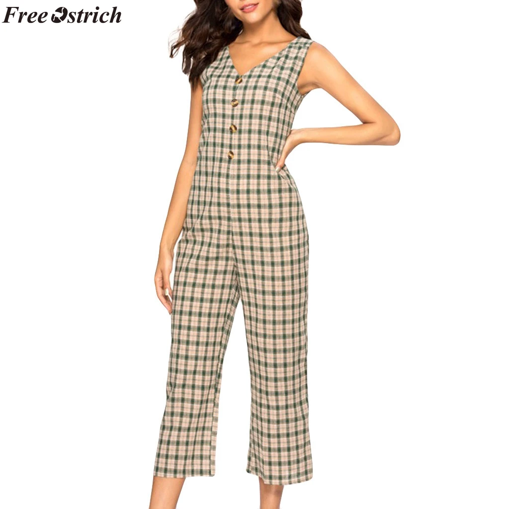 Бесплатная Страусиные женские модные клетчатые Длинные Комбинезоны с v образным