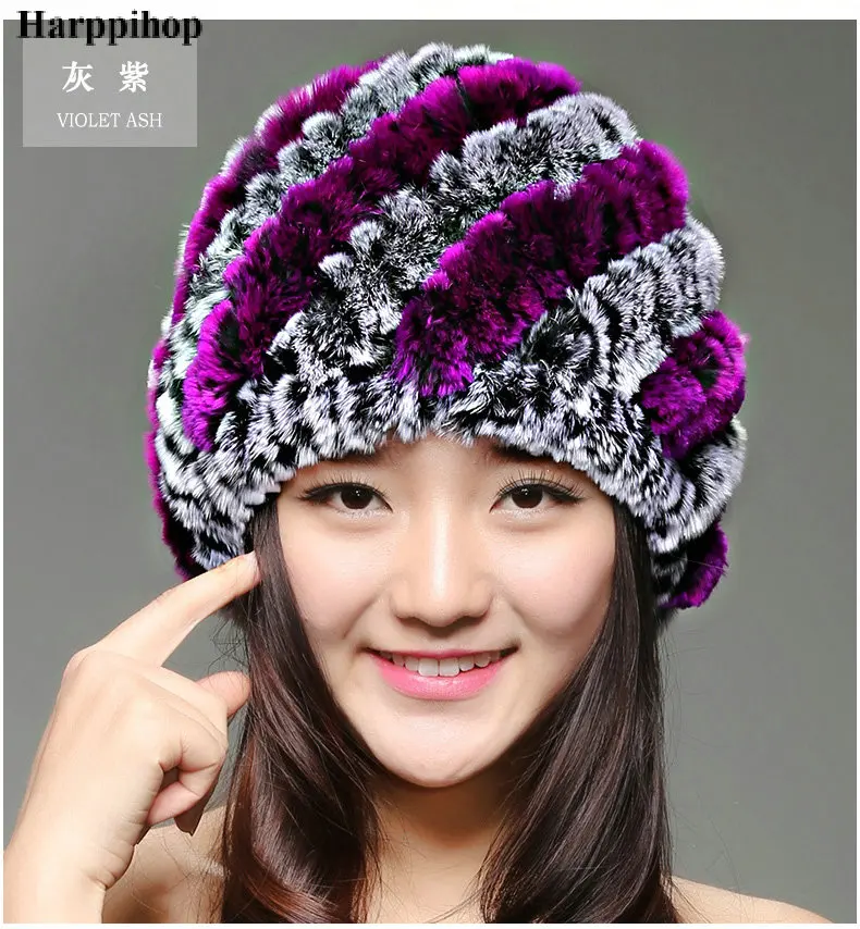

Luxury Autumn Winter Women's Genuine Real Knitted Rex Rabbit Fur Hats Handmade Lady Warm Caps Female Beanies Headgear