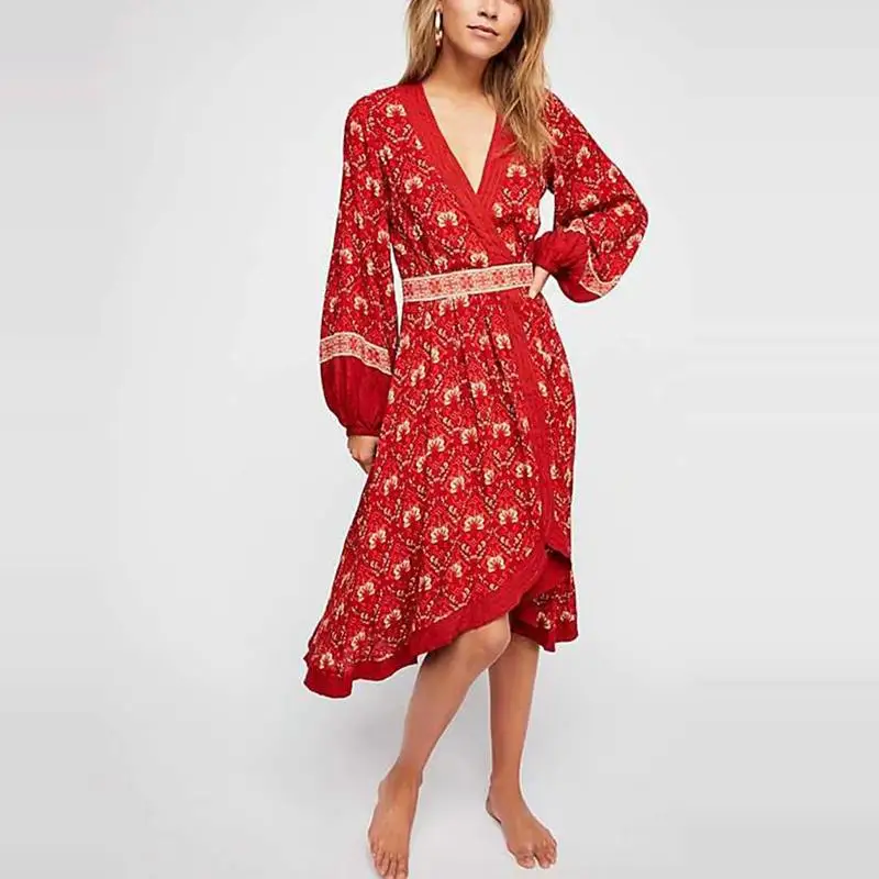 Boho красное пляжное платье с цветочной вышивкой женское 2018 повседневное