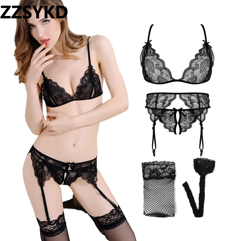 Black1 ZZSYKD, 4 шт.,, женское прозрачное интимное нижнее белье, комплект с бюстгальтером, нижнее белье, трусики, кружевное нижнее белье, прозрачные женские бюстгальтеры, короткие наборы - Цвет: Black1