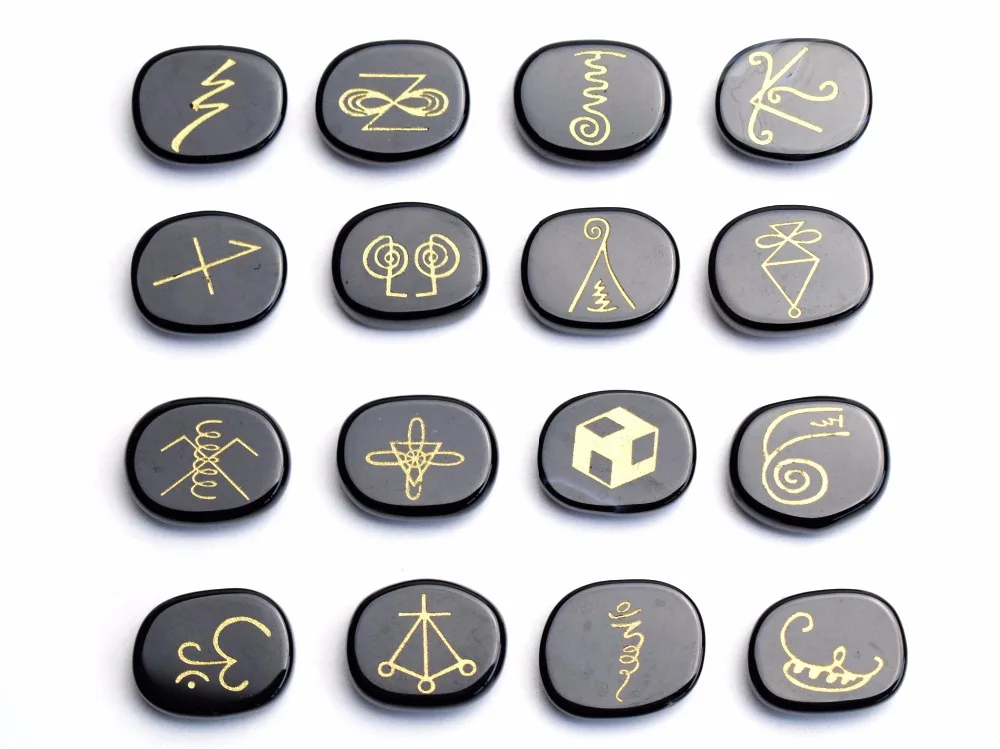 16 PIECES Natural Chakra Black Obsidian Engraved Crystal Reiki KARUNA Magic Symbols Healing Palm Stones Set with a Free Pouch | Дом и сад