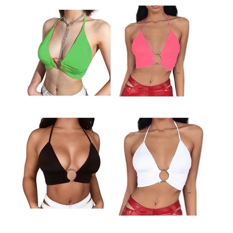 Женский топ с лямкой на шее однотонный бандажный открытой спиной и металлическим