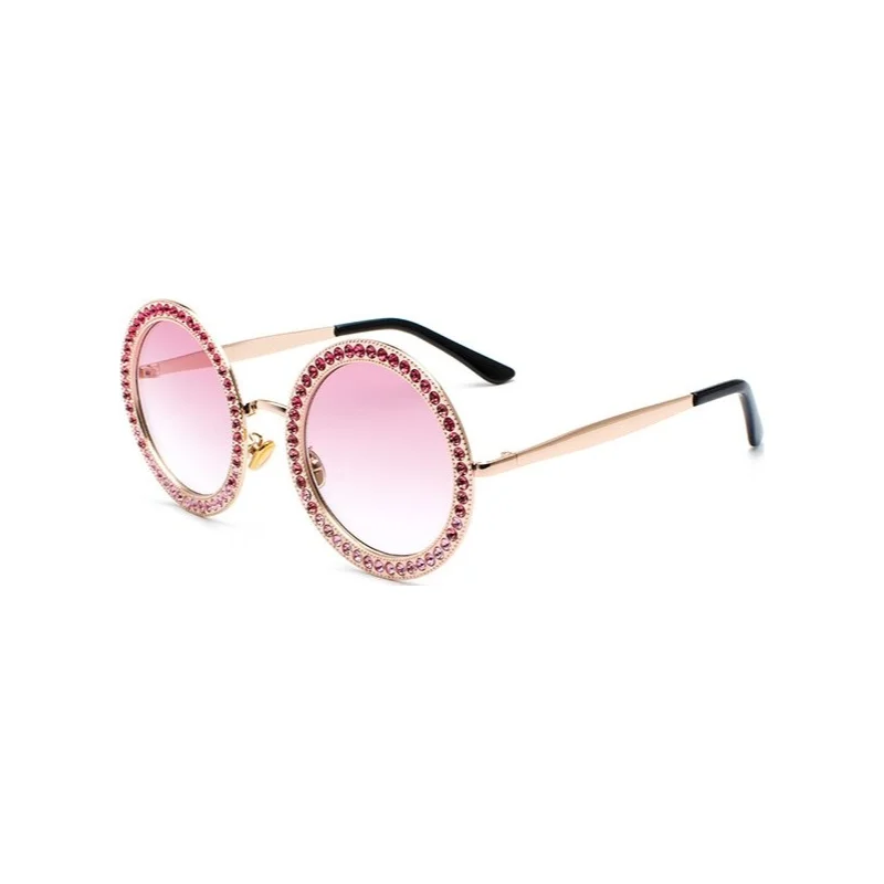 GOLD PINK Винтаж Круглые Солнцезащитные Роскошные Для женщин, со стразами, в стиле ретро, солнцезащитные очки с украшением в виде кристаллов, кошачий глаз, модные солнцезащитные очки для девушек, UV400 очки оттенки - Цвет линз: GOLD PINK